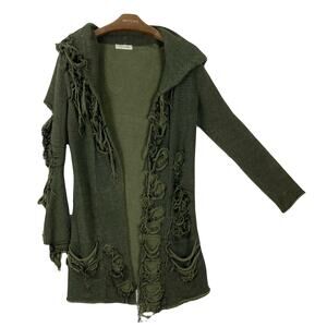 Nwot XAGON Cardigan S/M Olive-Green ITALY Distressed Acid-Splash Open Hoodie